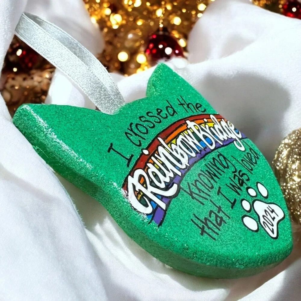 Purr-fect Tribute: Custom Hand-painted Rainbow Bridge Cat Ornament, Personalized